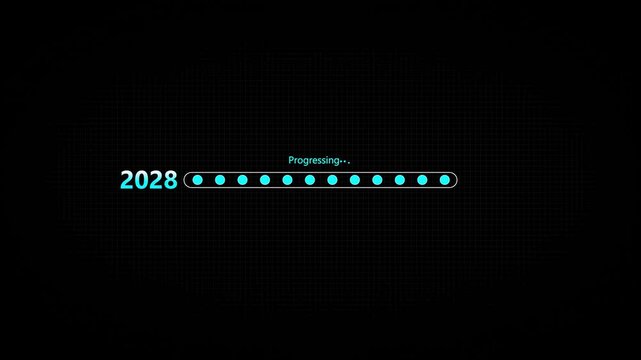 Businessman touching digital progress bar from 2028 to 2029 symbolizing future planning, strategic transition, innovation, and growth with focus on leadership, success,4k animation on black background