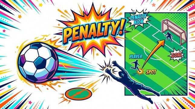 Explosive Penalty Kick in Soccer Game with Goalkeeper Diving and Goal in Vibrant Comic Style