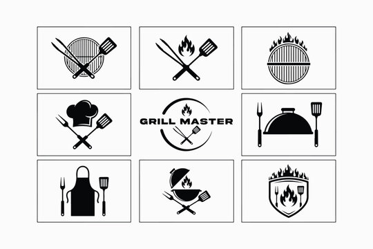 Grill Master icons, barbecue symbols, grill icons, cooking graphics, black and white vector set