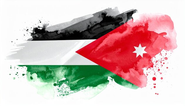 Watercolor Jordan flag with red triangle and seven‑pointed star, symbolizing unity, heritage, resilience, and national pride through artistic expression.