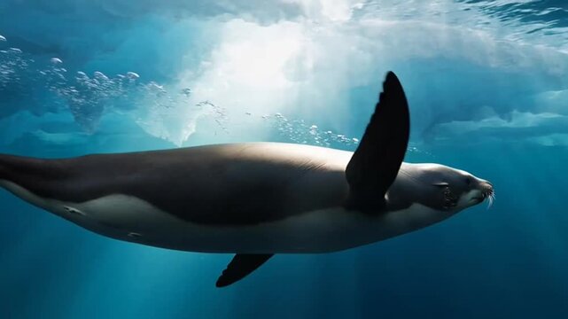 An orca swims underwater with sunlight shining through the waves above