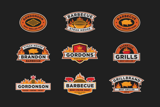 BBQ logo set, barbecue emblems, grill labels, vector icons