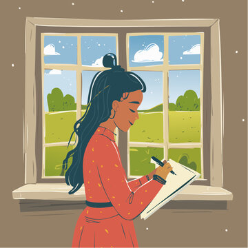 Young woman with dark hair writing or drawing on a notepad.