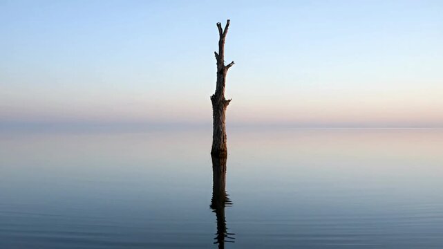 Dead tree in calm water.