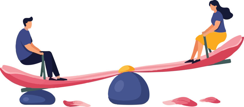 Man and woman on seesaw balance 2.