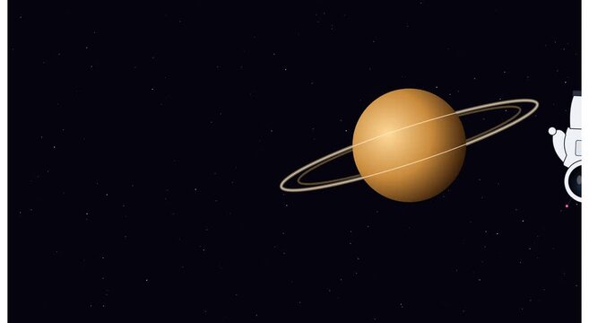 Cartoon astronaut floating near saturn ringed planet animation
