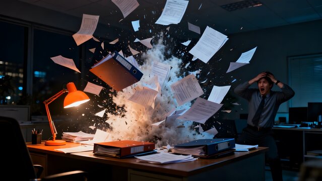Dramatic explosion of paperwork and files from an office desk