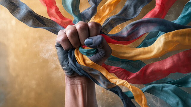 Raised fist wrapped in flowing red, yellow, green colors symbolizing black history month, equality, diversity and human rights. Powerful concept of unity, inclusion and social justice