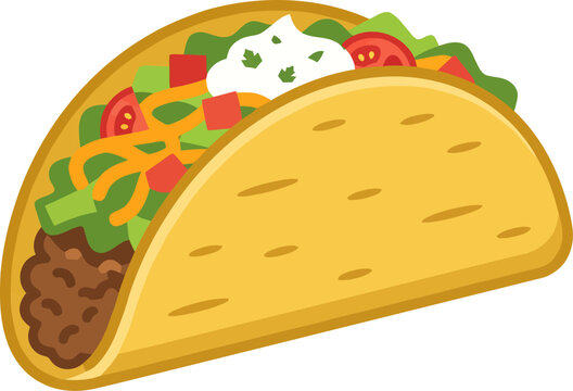 Delicious Mexican hard shell taco vector illustration, with ground beef, fresh lettuce, red tomato, yellow cheese, and white sour cream, on isolated white background.