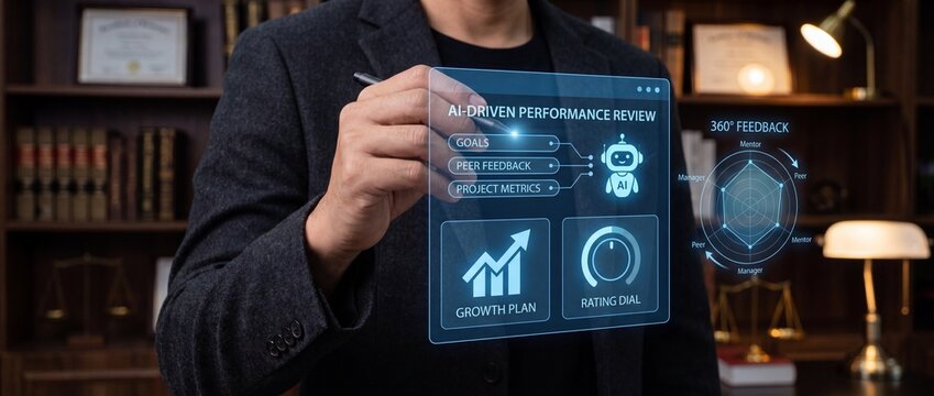 Ai driven performance review interface displays growth plan rating dial and 360 feedback chart with human hand interacting via stylus in a modern office setting emphasizing digital transformation
