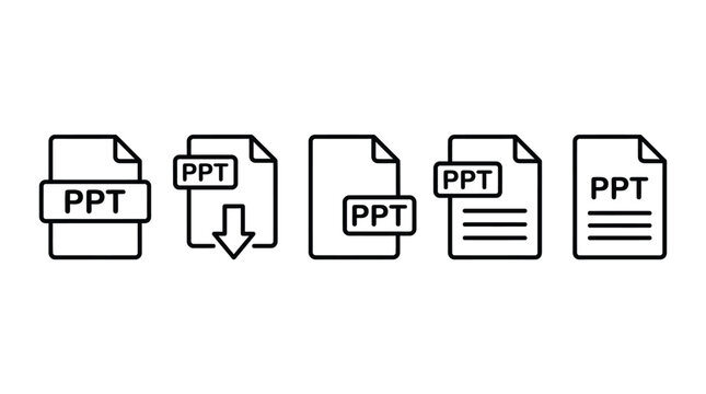 Set of five simple black line art icons representing various powerpoint presentation file format types