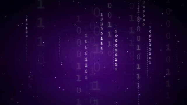 Abstract Digital Binary Code Rain Falling on Dark Purple Background for Technology Concept