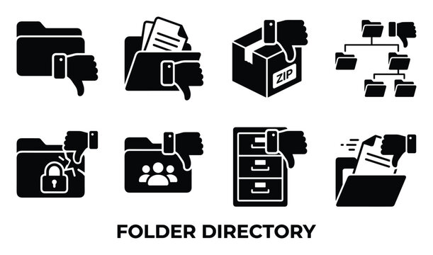 Folder directory icons collection showing thumb down negative feedback sign with various file types.