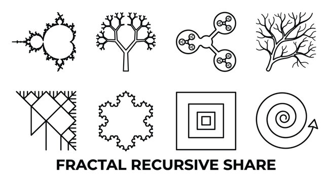 Fractal recursive share patterns collection for abstract geometric designs and complex natural structures.