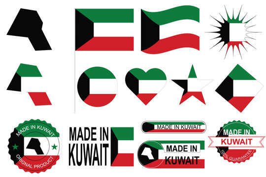 Professional Kuwait vector collection featuring national flag variations, country map silhouette, tricolor flag elements and made in Kuwait badges. Ideal for national identity, branding, packaging and