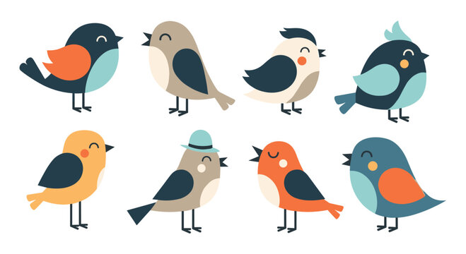 Set of eight charming cartoon birds in various colors and poses, perfect for nature-themed illustrations and decorative graphic design projects.