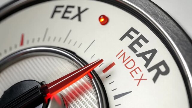 Stock market volatility drives investor fear as fear index gauge and dial rise sharply signaling high uncertainty and anxiety financial markets today