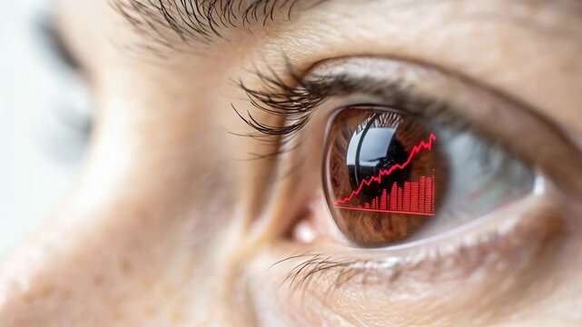 Stock market volatility reflected in investor fear index with brown eye showing red graph and financial data analysis for market insight