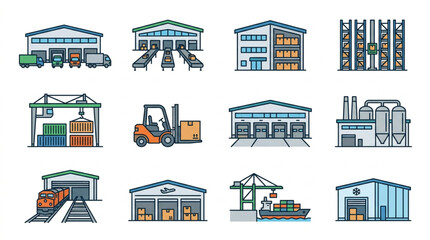 Fototapeta premium Illustrations of Various Logistics and Warehouse Facilities