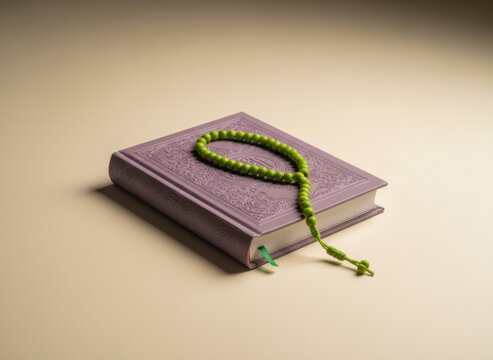 Lavender purple Quran with embossed cover and green prayer beads on a neutral surface for Islamic New Year greetings, Ramadan Kareem editorial and religious advertising