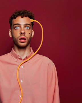 Young man with cable emerging from forehead looking at camera with surprised expression for futuristic technology, digital consciousness and transhumanism concept