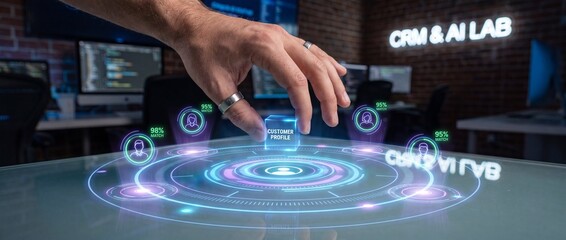 Fototapeta premium Hand interacting with futuristic holographic interface displaying customer profiles and data analytics in a modern crm ai lab with glowing neon signs