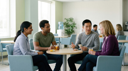 Fototapeta premium Diverse group of people sitting and talking in a medical refreshment area for blood donation awareness, healthcare community outreach and wellness communications