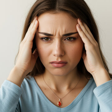 Stressed young woman pressing hands to temples with a pained expression for mental health awareness, pharmaceutical over the counter medicine ads and healthcare blogs