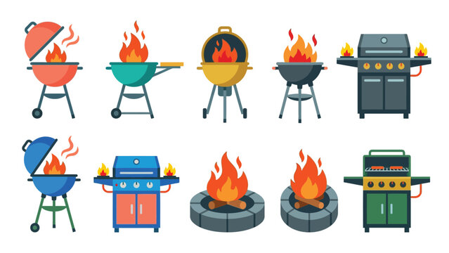 Collection of cartoon style grills and fire pits with flames on transparent background.