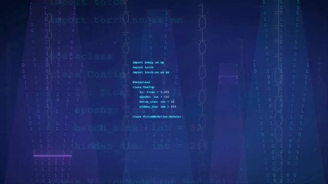 Abstract digital background with scrolling computer code and binary data streams in deep blue space