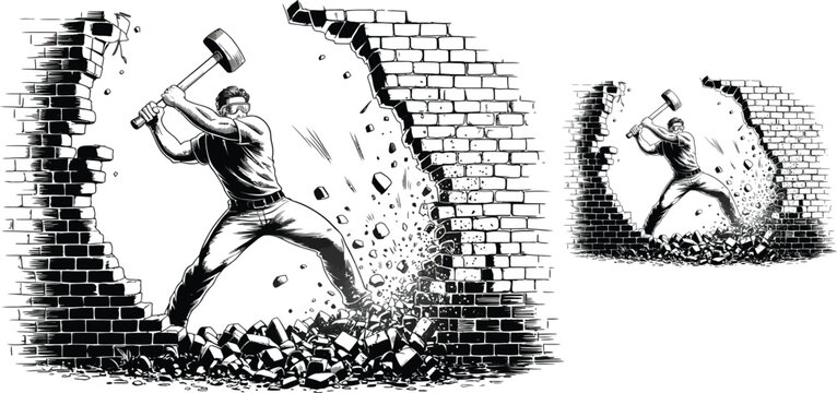 Breaking wall, destruction, man with sledgehammer, black and white vector illustration, demolition scene