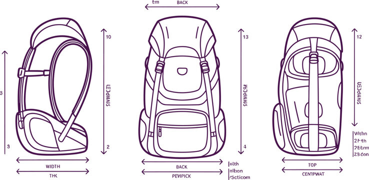 Backpack, vector illustration, technical drawing, dimensions, purple lines
