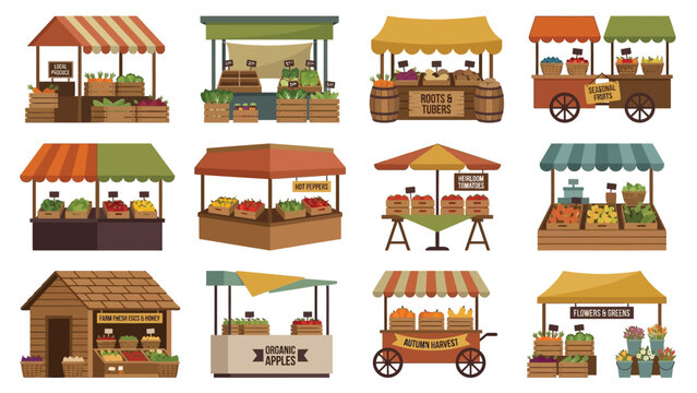 Bundle of cartoon flat vector market stalls with fresh local produce and seasonal fruits.