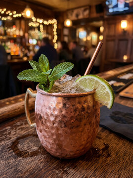 Classic Moscow Mule Cocktail in Copper Mug at Bar