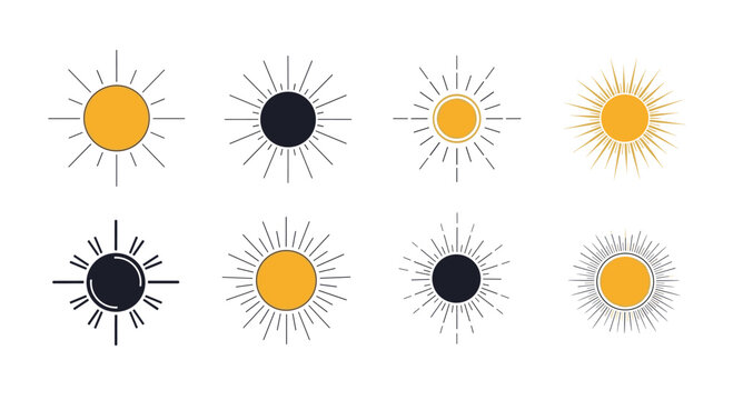 Collection of eight diverse sun icons and symbols featuring various ray patterns and color combinations in a minimalist graphic style.