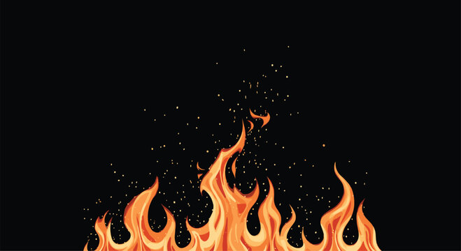 Powerful fire flames with orange and yellow hues rising against a black background, accompanied by glowing sparks and embers.