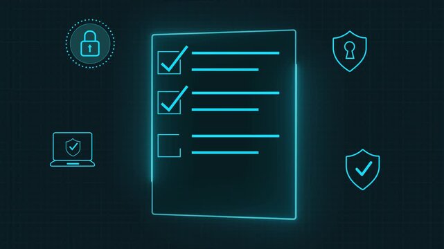 A digital checklist displayed on a glass-like panel, surrounded by security icons symbolizing data protection, privacy, and online safety. 4k animated isolated on blackground.