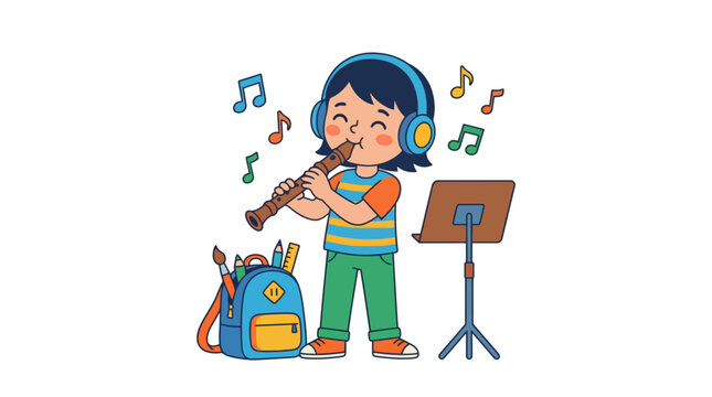 Young girl playing the flute musically.