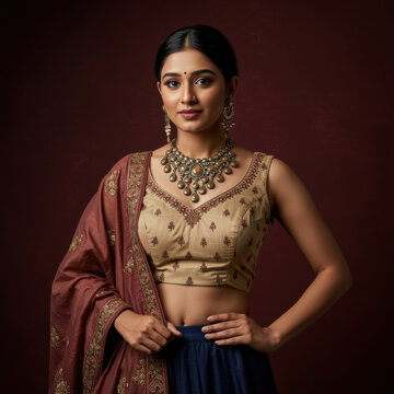 Young Indian woman in traditional embroidered choli posing against a dark red backdrop for fashion advertising, ethnic wear editorial and jewelry brand campaign