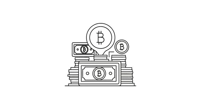 Bitcoin stacks and currency bills for digital wealth concept