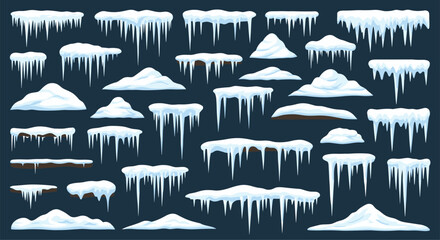 Obraz premium Set of realistic winter snow caps and hanging icicles for various design elements isolated on dark blue background.