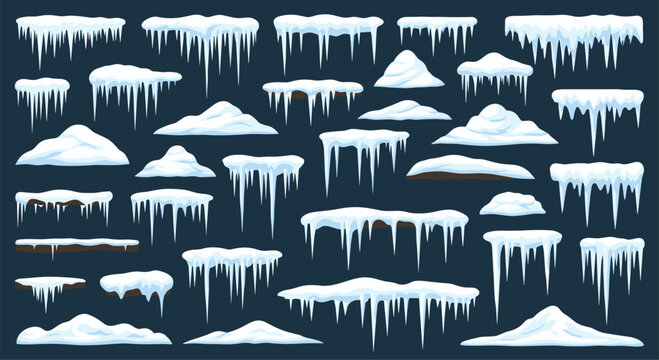 Set of realistic winter snow caps and hanging icicles for various design elements isolated on dark blue background.