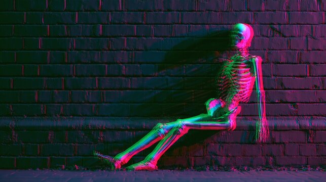 Creative portrait of neon skeleton figure leaning against dark brick wall, electric green and hot pink light casting long dramatic