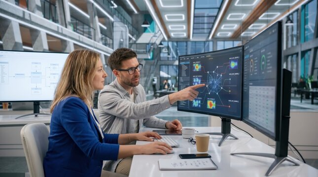 Cybersecurity analyst monitoring global network traffic and threat detection on large computer screen, protecting data from cyber attacks in server room environment.