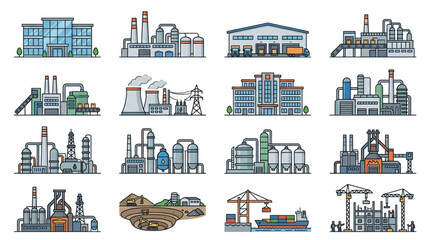 Naklejka premium Illustrations of Various Industrial Buildings and Facilities