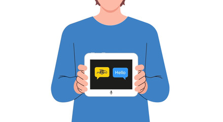 Man Holding Tablet Showing Language Translation App with Chat Bubbles © Heri