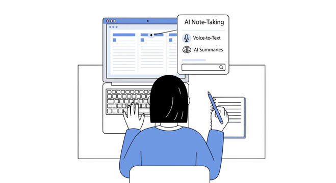 AI note-taking on laptop, voice to text, summaries, person typing, digital workflow