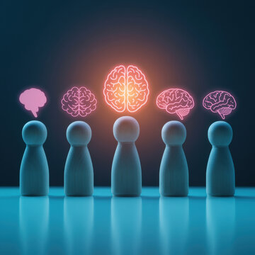 Five wooden peg figures standing with glowing brain icons in a row for corporate teamwork training, diversity and inclusion seminars or strategic mental health concepts