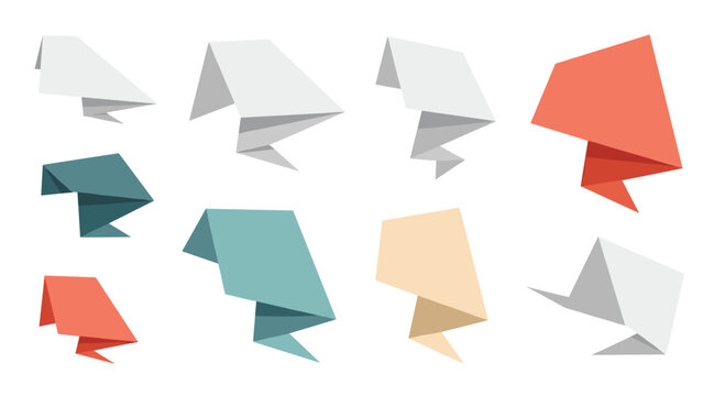 Collection of colorful geometric origami style paper tags and banners for labels or infographics on white background.