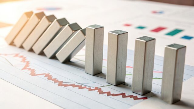 Stock market volatility causes investor fear as index fluctuates with uncertainty shown by falling and standing blocks on financial charts